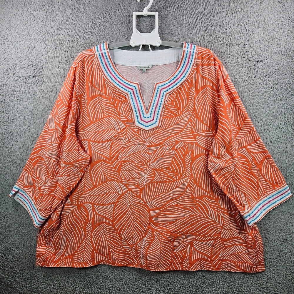 NEW John Mark Embroidered Top Blouse Women 3X Leaf Print White Orange NWOT